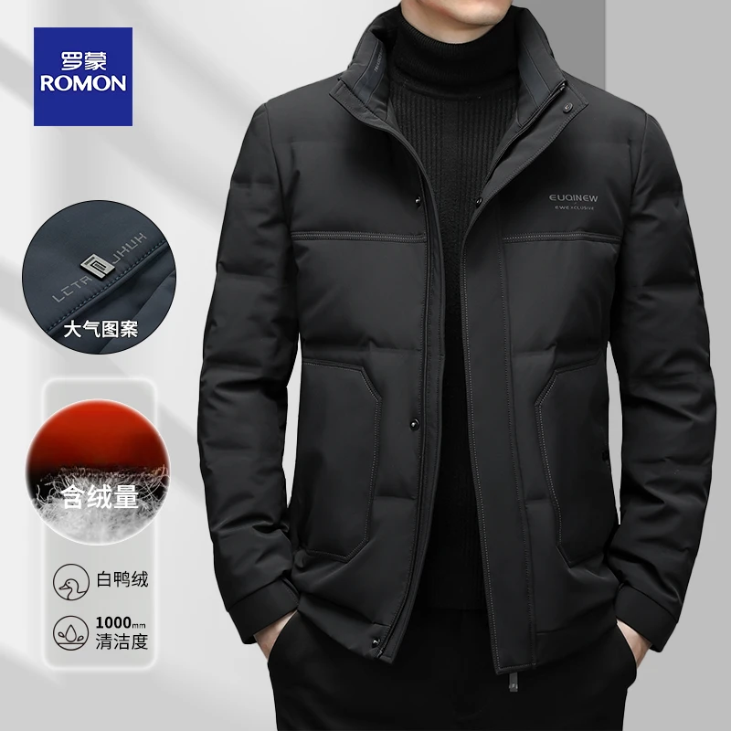Romon/罗蒙高端羽绒服男冬季短款中年立领白鸭绒男士商务加厚保暖