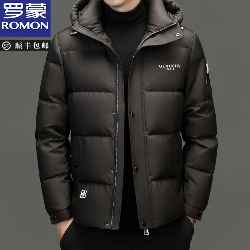 罗蒙男士秋冬羽绒服2024新款痞帅潮流短款连帽保暖鸭绒男装外套