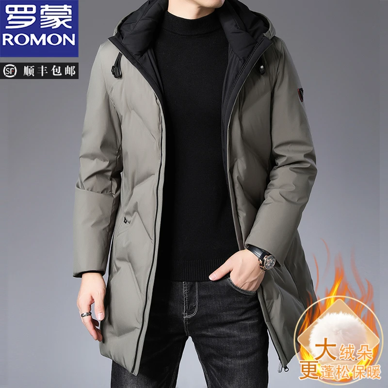 罗蒙冬季新款加厚款男士连帽白鸭绒羽绒服中长款防风商务休闲保暖