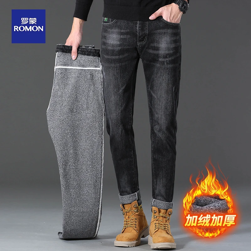 秋冬款加绒牛仔裤男士裤子直筒宽松弹力中年休闲高端秋季长裤厚款