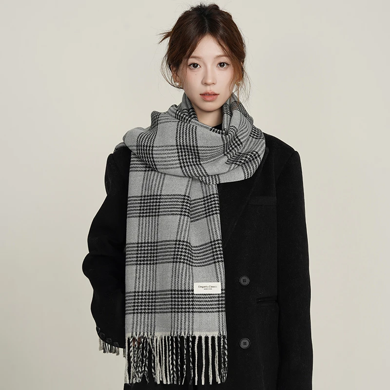 千鸟格围巾女冬季新款短须韩版大衣围巾情侣围脖百搭保暖学生围巾