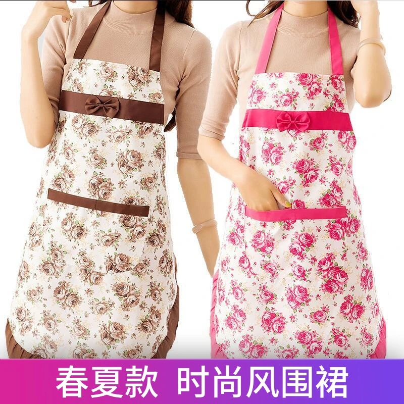 春夏款时尚风碎花无袖韩版可爱花边单层围腰家用餐厅做饭加厚挂脖
