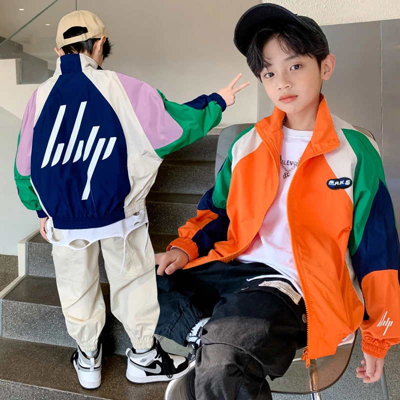 男童外套春秋款网红炸街秋装儿童拼接印花夹克男孩中大童帅气时髦