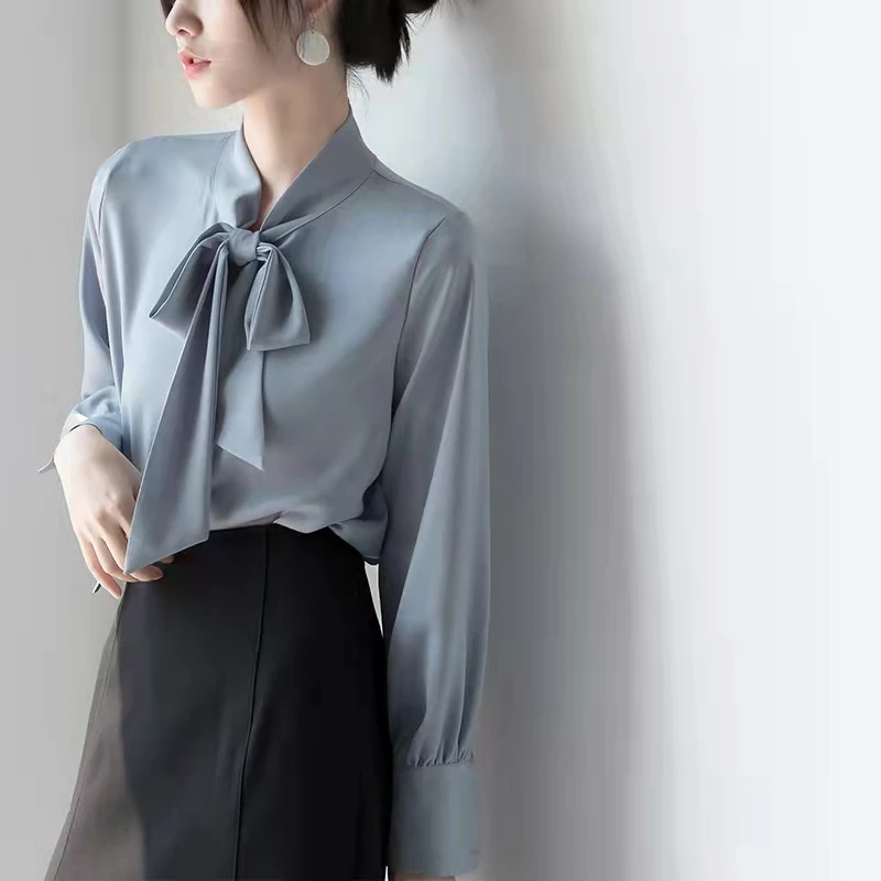 宝藏衣橱高档缎面蝴蝶结时尚衬衫女新款韩版简约衬衣8030