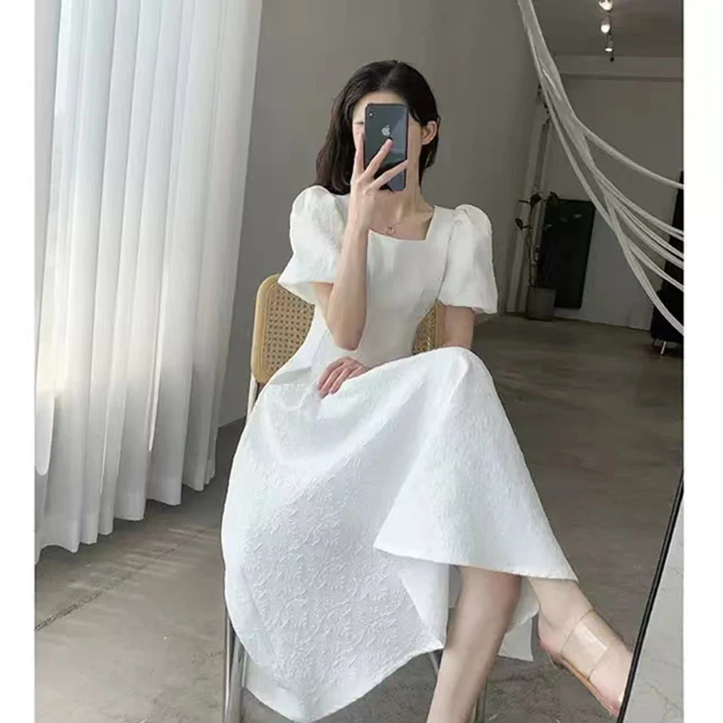 甜美清纯白色连衣裙女夏季2024年新款高级感泡泡袖长显瘦裙子8249