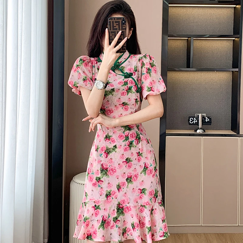 2024新款法式夏季泡泡袖粉色连衣裙年轻款少女碎花修身裙子女7288