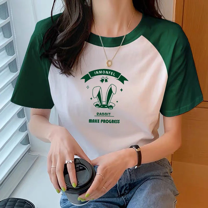 印花短袖宽松型常规圆领撞色T恤百搭休闲时尚夏季打底衫学生纯棉