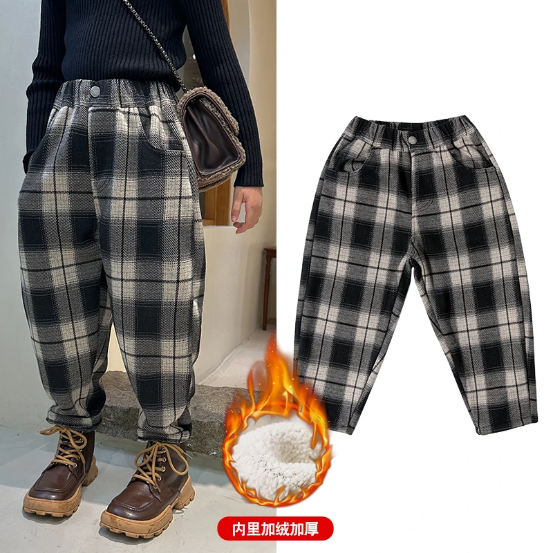 男女童加绒裤子儿童冬装保暖裤2023新款秋冬季加厚女孩格子休闲裤