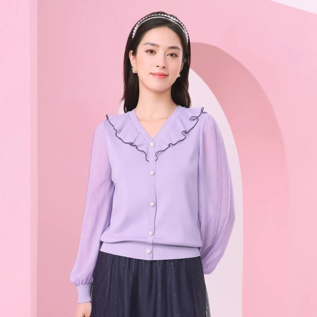 珂莱蒂尔女装商场同款花边领V领针织衫KZ03344T4