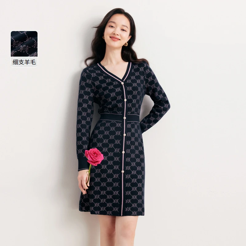 Koradior/珂莱蒂尔秋冬复古波浪时尚针织女装连衣裙KF09540P7