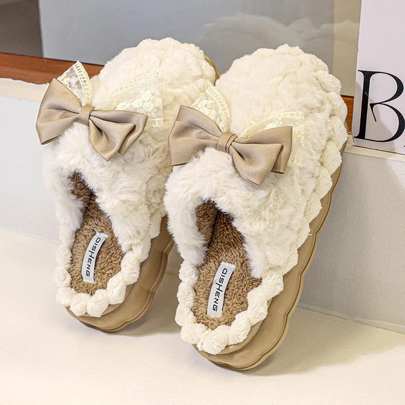 网红保暖外穿毛绒蝴蝶结棉拖鞋居家厚底加绒防滑冬天时尚棉拖鞋