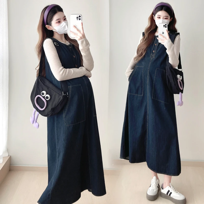 【喵久久】2024秋季新款时尚宽松牛仔背心裙孕妇连衣裙裙孕妇套装