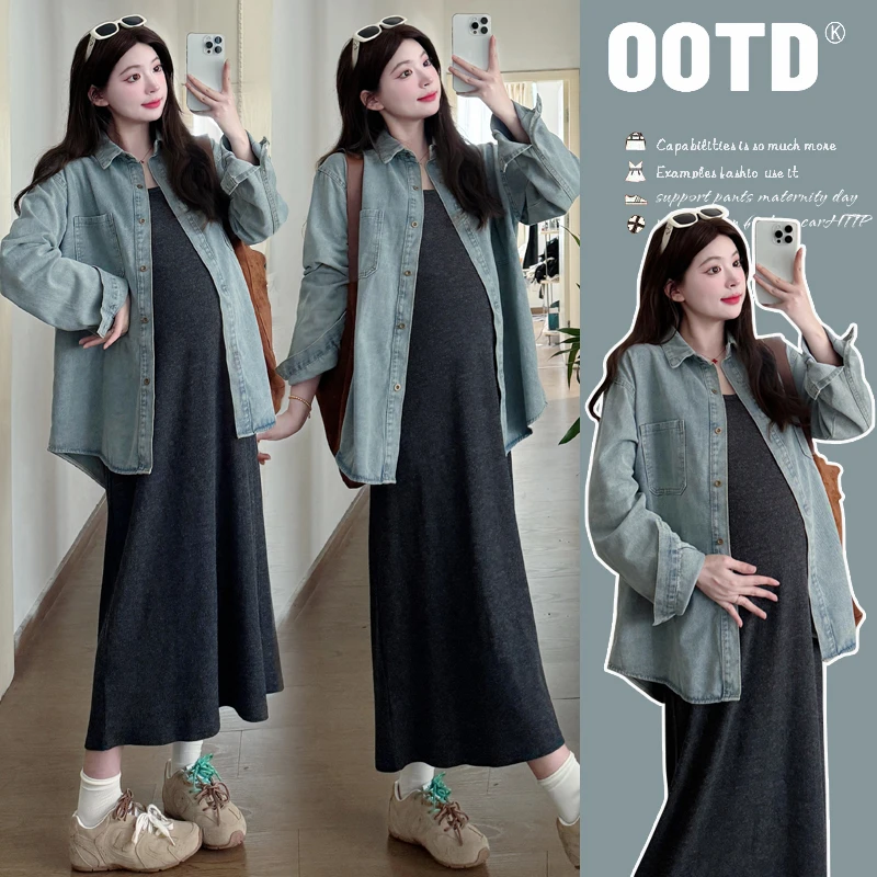 【喵久久】孕妇装春秋款显瘦孕期背心裙牛仔外套两件套秋冬孕妇套装