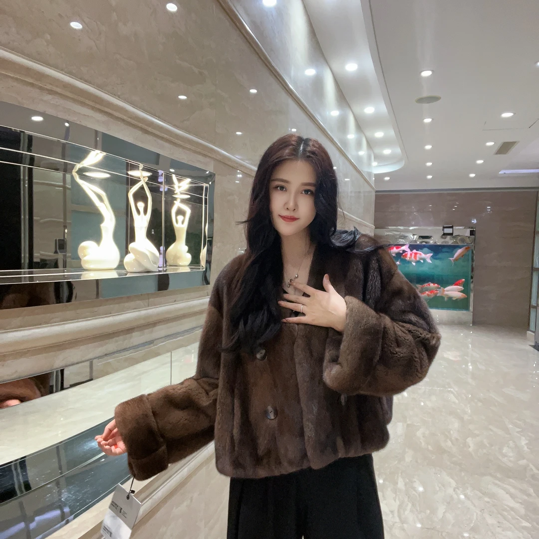 【OZYX】24776冬季V领短款咖啡古典复古风水貂外套