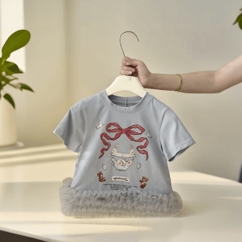 女童纯棉短袖T恤2024夏新款网纱拼接宝宝洋气卡通上衣儿童圆领