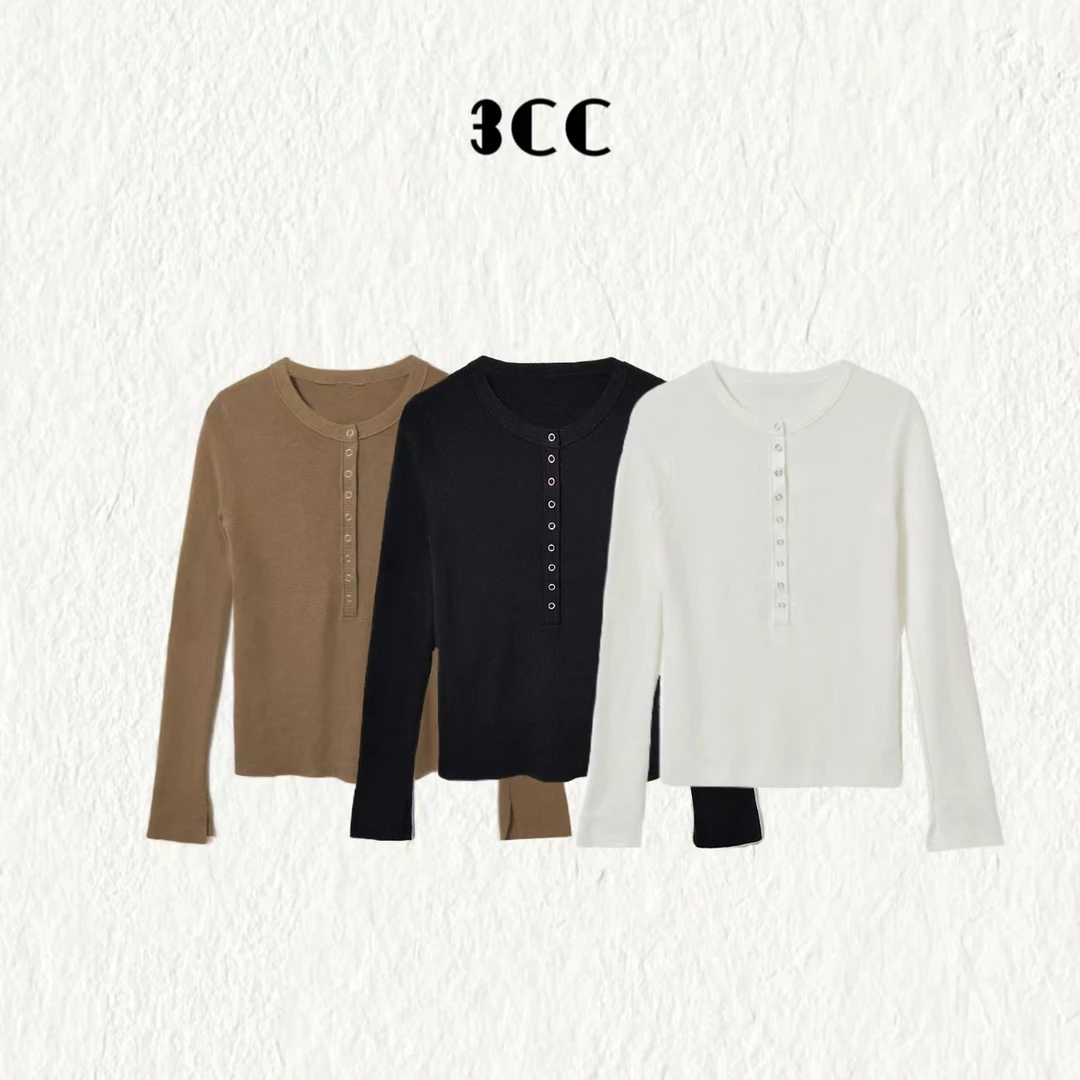 3CC【经典亨利】亨利领套头长袖针织衫圆领2024新款女8523