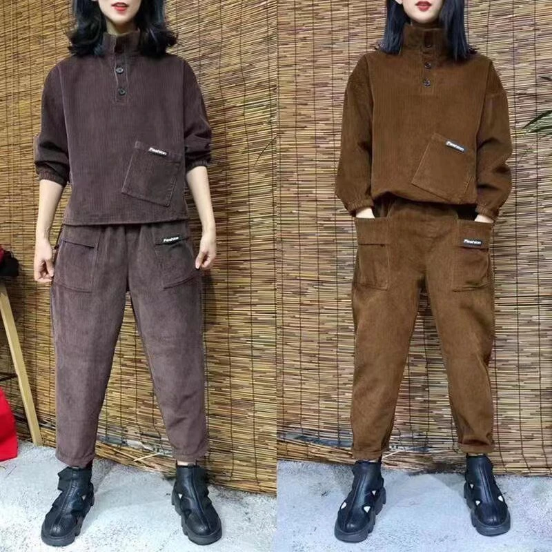 时尚妈妈装秋冬季灯芯绒条绒套装女宽松大码显瘦洋气休闲两件套潮