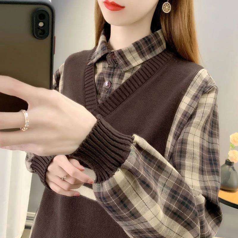 打底衫内搭洋气春秋2024新款高级感毛衣针织衬衫假两件上衣女