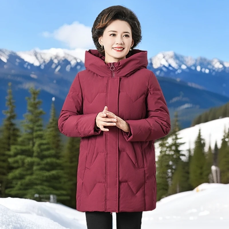 2025新款中老年女装连帽秋冬加厚白鸭绒百搭羽绒服妈妈装中年大码