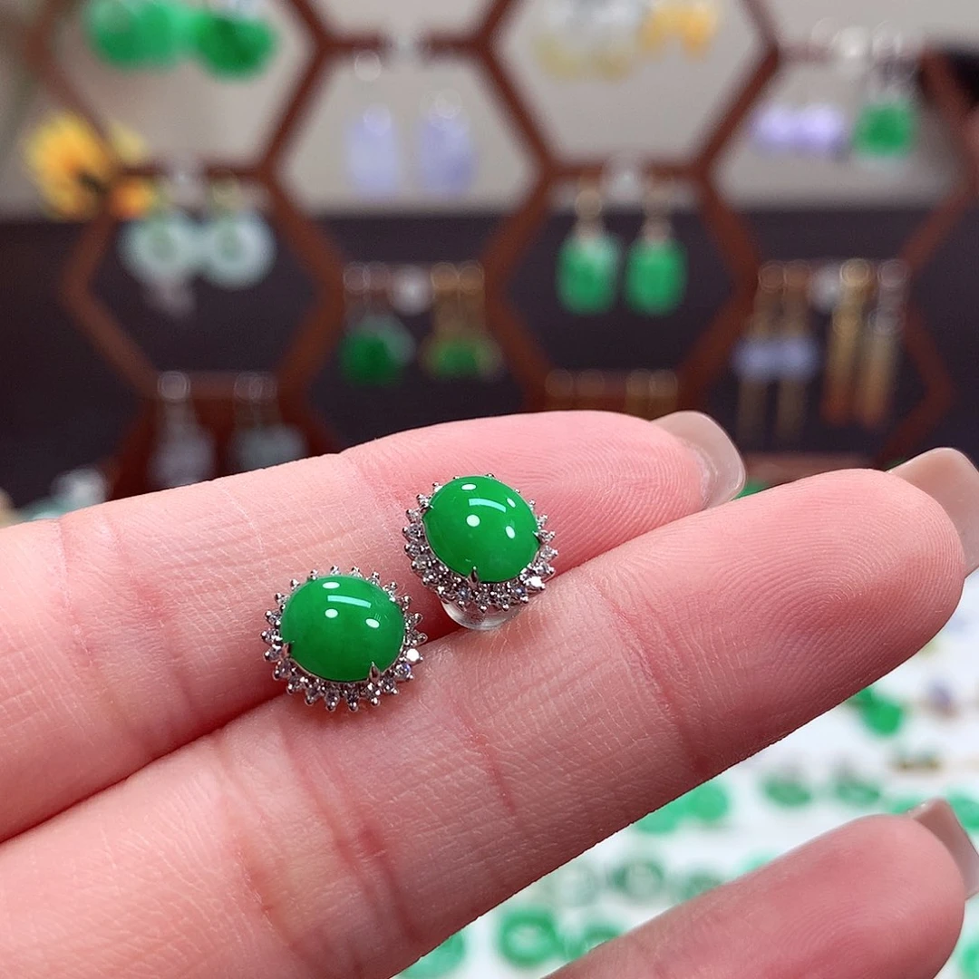 翡翠耳饰18K金镶嵌天然翡翠