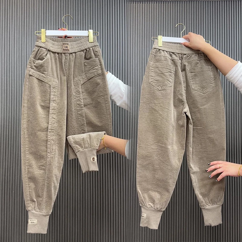 2024冬季灯芯绒哈伦裤韩版高腰条绒裤子女新款宽松束脚欧货休闲裤