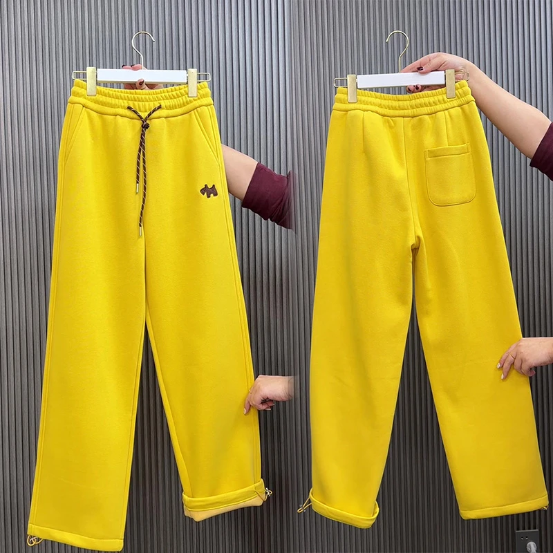 欧货加绒加厚休闲裤束脚直筒女秋冬新款阔腿裤宽松显瘦运动拖地裤