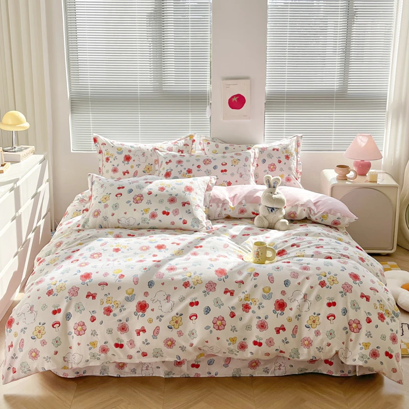 幕妃100%全棉斜纹四件套小清新双面印花碎花款学生宿舍可用三件套