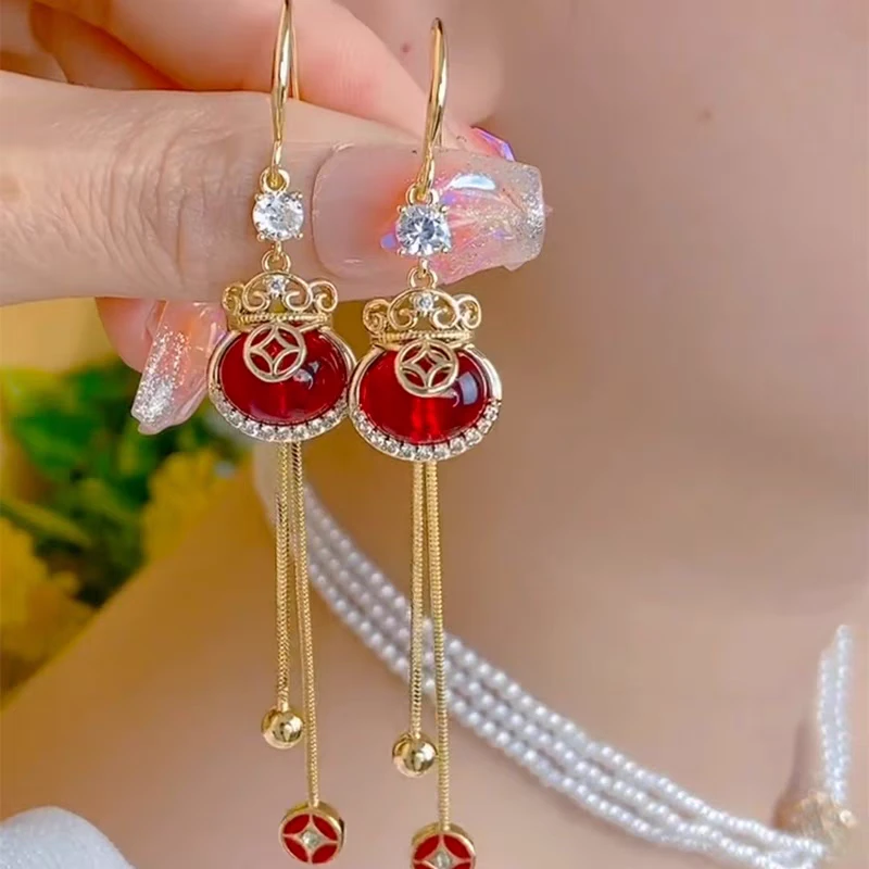 铜合金珐琅耳饰 《33号》国风红色福袋流苏耳环轻奢高级喜庆