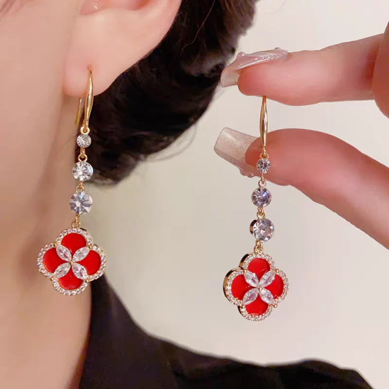 铜合金珐琅耳饰 《48号商品》微镶锆石红色四叶花流苏耳钩