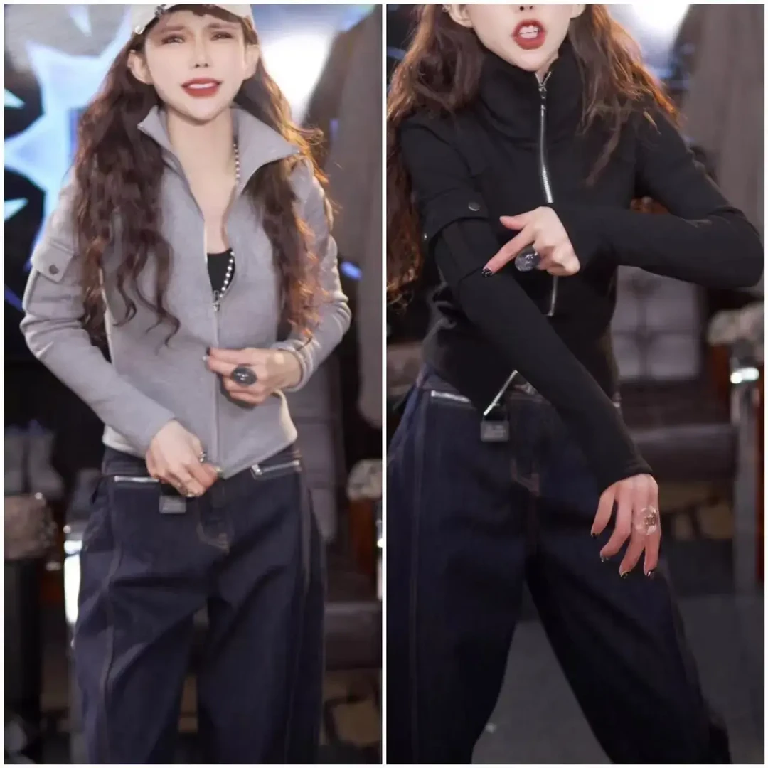 星宝设计感小众双头拉链修身t恤2024新款百搭加绒加厚长袖打底衣