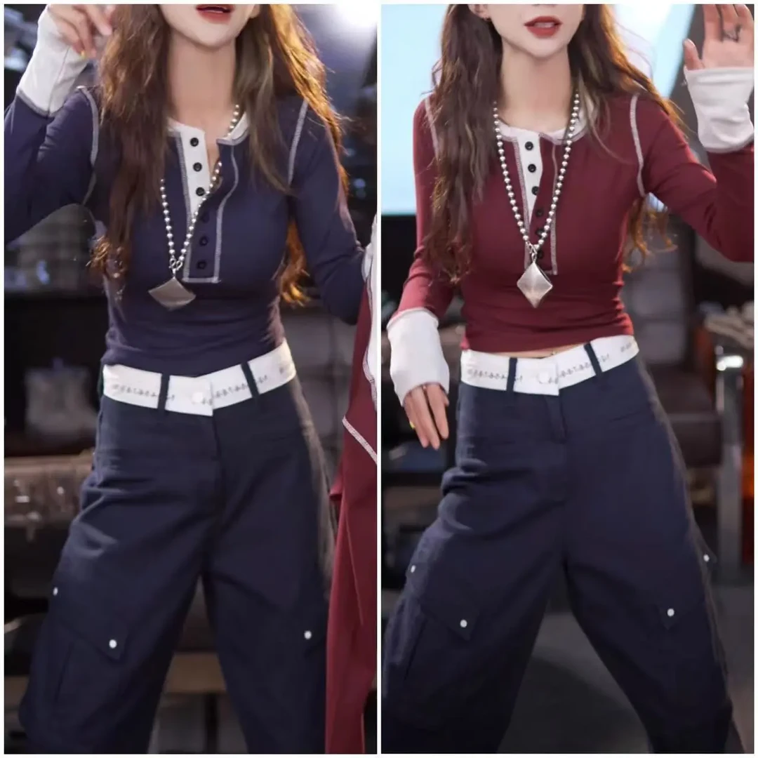 星宝优创早秋撞色明线长袖T恤女设计感圆领修身打底衫上衣潮