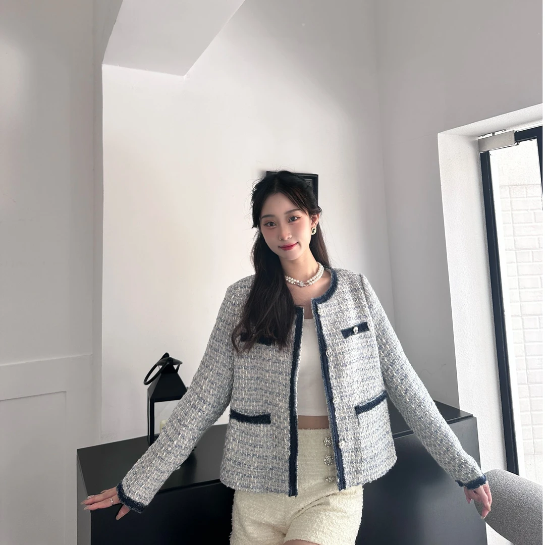 斯奇伊2024新款秋冬牛仔拼接韩系小香风外套宽松百搭上衣气质轻奢