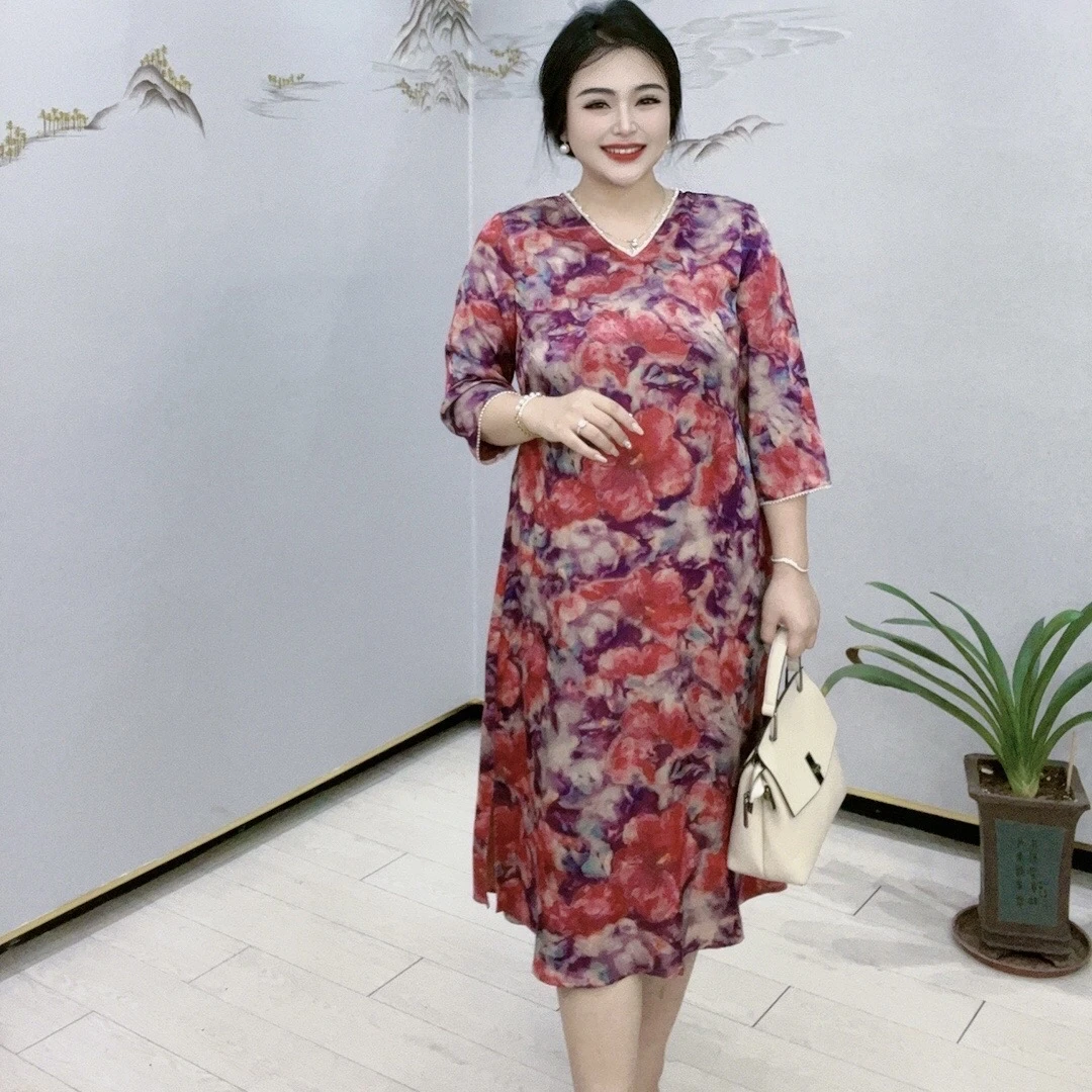 司缪【W3239】早秋新款轻奢大码女装水墨晕染气质优雅V领A字连衣裙