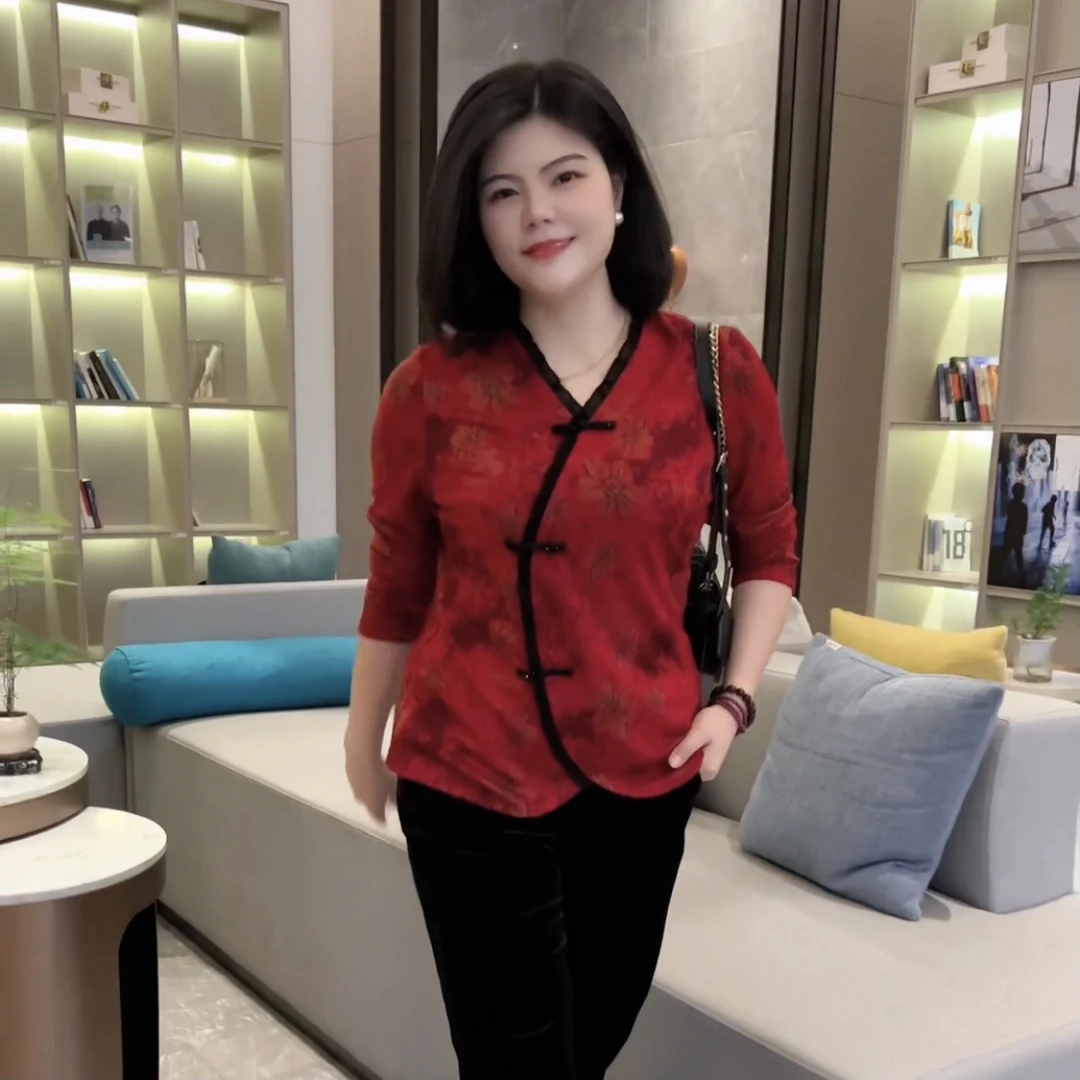 司缪【W3480】秋冬新款小衫中国风复古气质显瘦红色新中式V领上衣