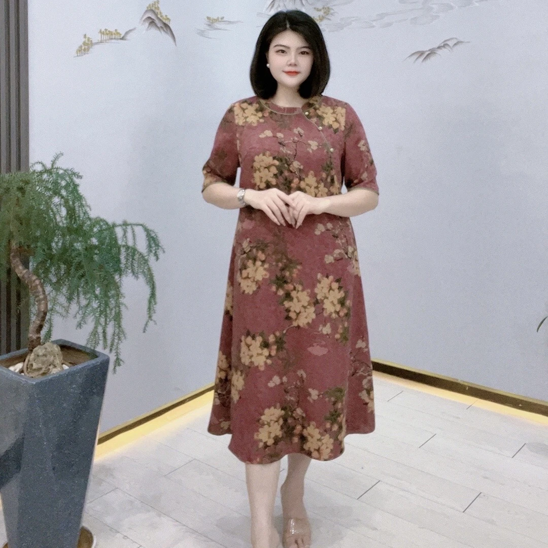 司缪【W3230】轻奢大码女装气质妈妈装中国风复古设计A字显瘦连衣裙