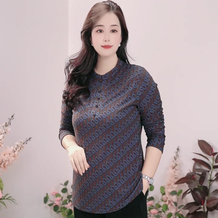 司缪【W5385】轻奢大码女装气质妈妈装小衫针织提花圆领时尚上衣