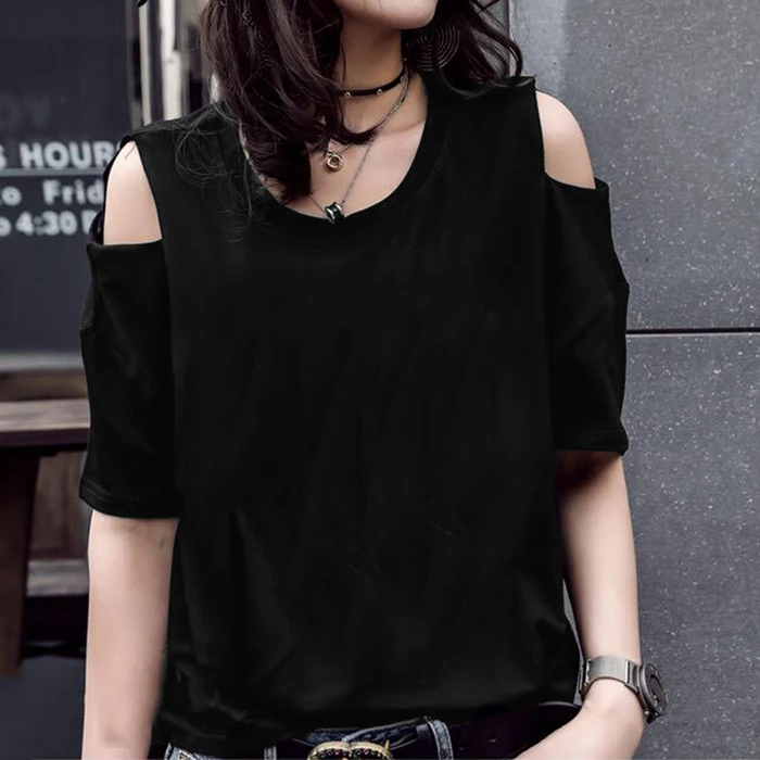 2024夏季新款露肩体恤短袖t恤女装漏肩宽松一字领半袖上衣打底衫