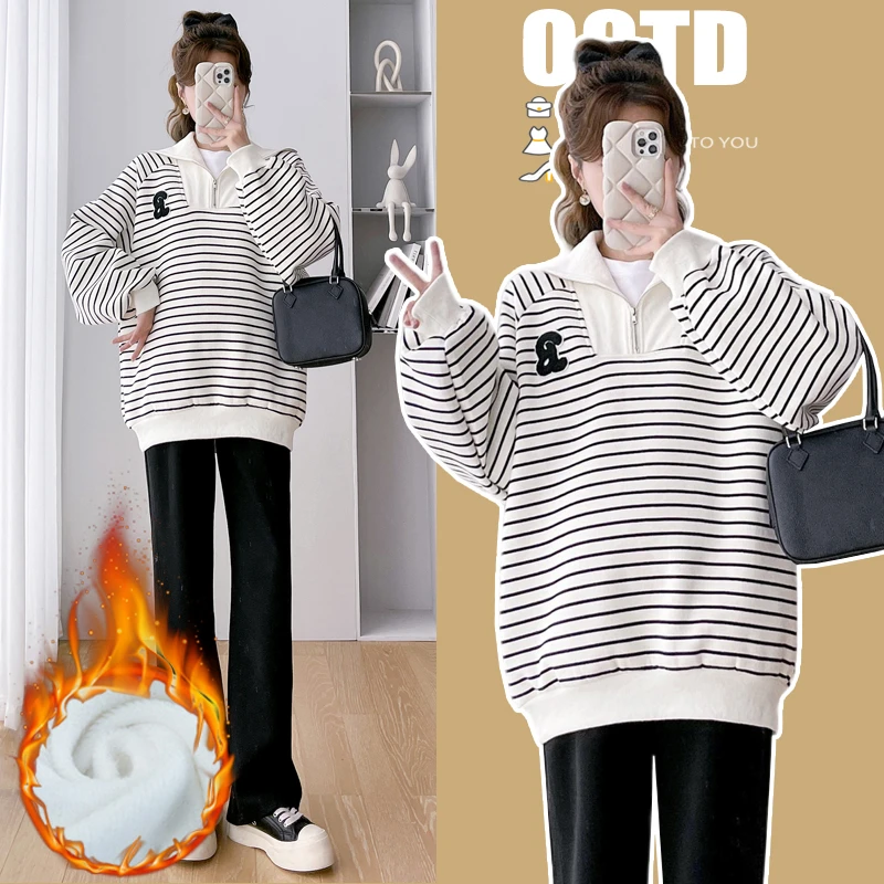 【M-4XL/200斤】孕妇装秋冬加绒加厚宽松休闲中长款大码翻领卫衣