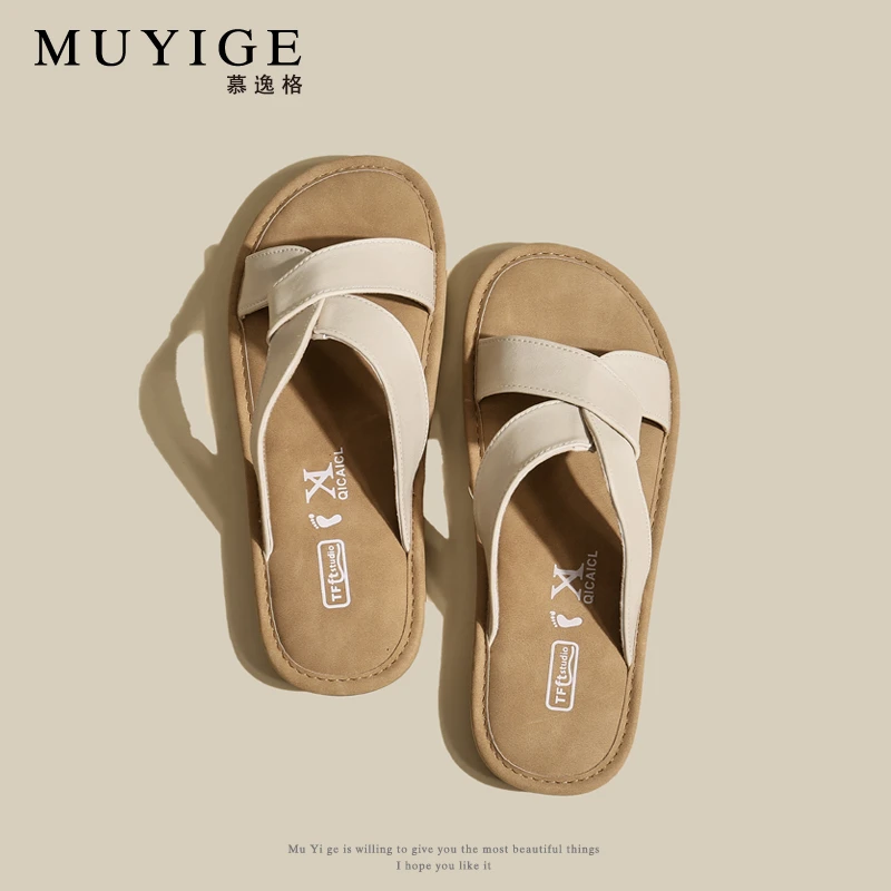 软底交叉带拖鞋女夏季外穿2025新款舒适休闲平底复古勃肯女鞋凉鞋