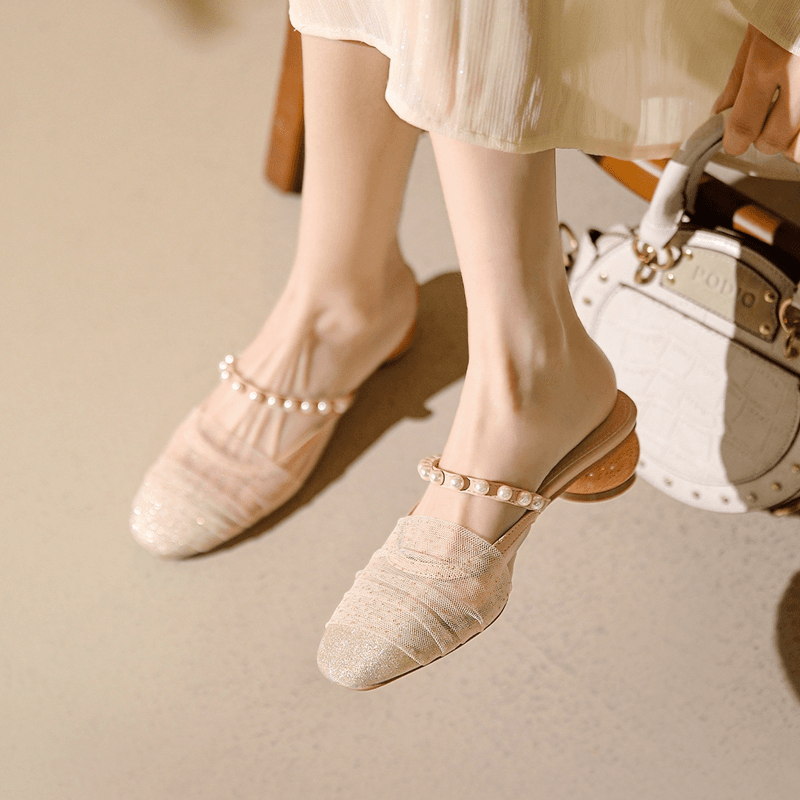 慕逸格 珍珠包头半拖鞋女2024今年新款夏季凉拖粗跟中跟法式温柔穆勒鞋女