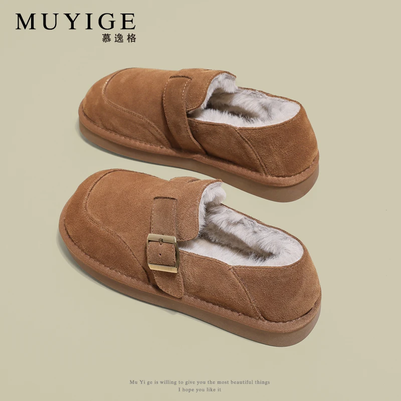 奶黄面包毛毛鞋女加绒冬季勃肯鞋2024新款真皮厚底复古博肯棉鞋子