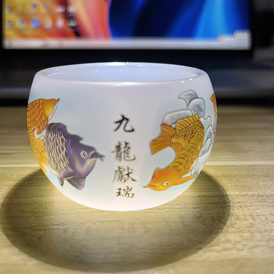 【九龙献瑞白色】琉璃杯品茗杯茶器茶具 主人杯 (无礼盒)手工茶盏