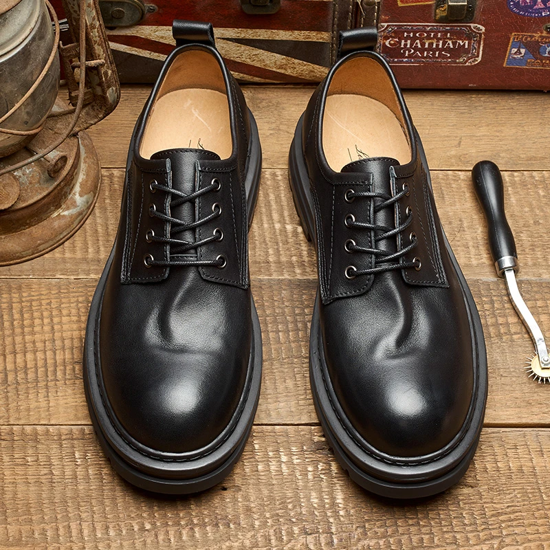 圆头马丁靴男士男款低帮皮鞋复古德比鞋真皮头层牛皮百搭大头皮鞋