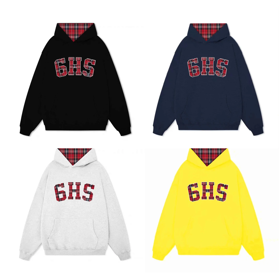 秋冬美式万针刺绣格子贴布休闲宽松百搭潮流情侣连帽情侣卫衣