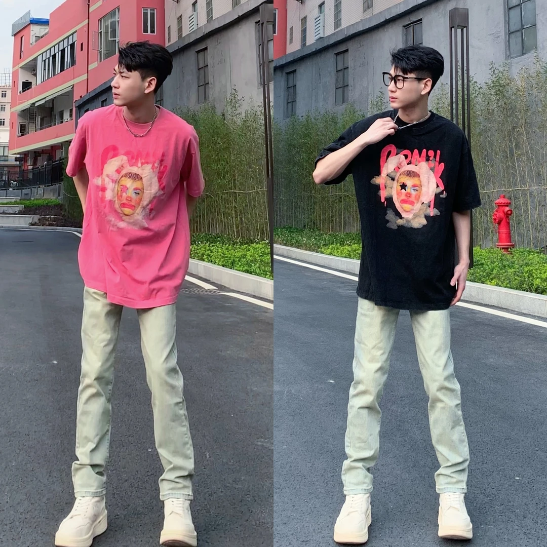 夏季美式嘻哈潮牌水洗做旧圆领宽松人物小丑印花T恤短袖男女同款