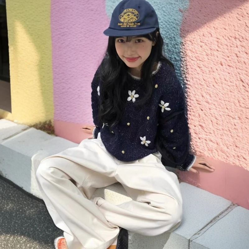 韩代款手工立体钩花套头毛衣女秋冬新款软糯圆领毛针织衫上衣潮