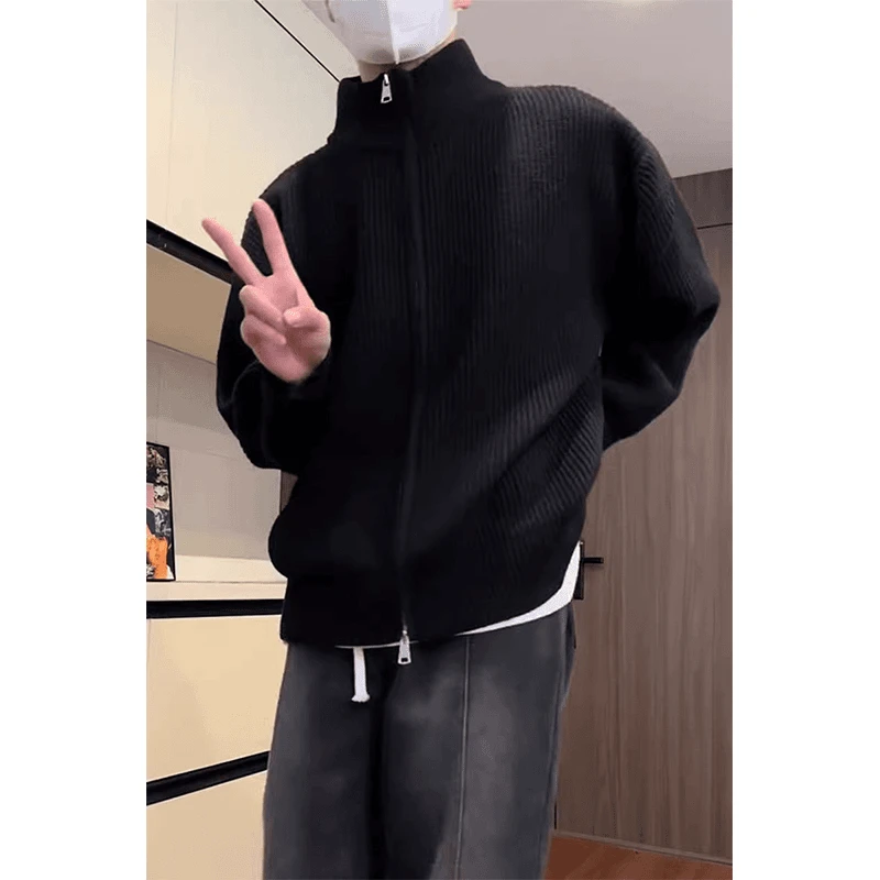 纯黑色立领开衫毛衣男款春秋慵懒风cleanfit高级感美式针织衫外套