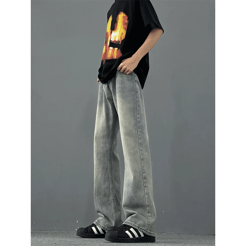 美式cleanfit裤子高街潮牌复古蓝牛仔裤男款提裆高腰vibe微喇叭裤