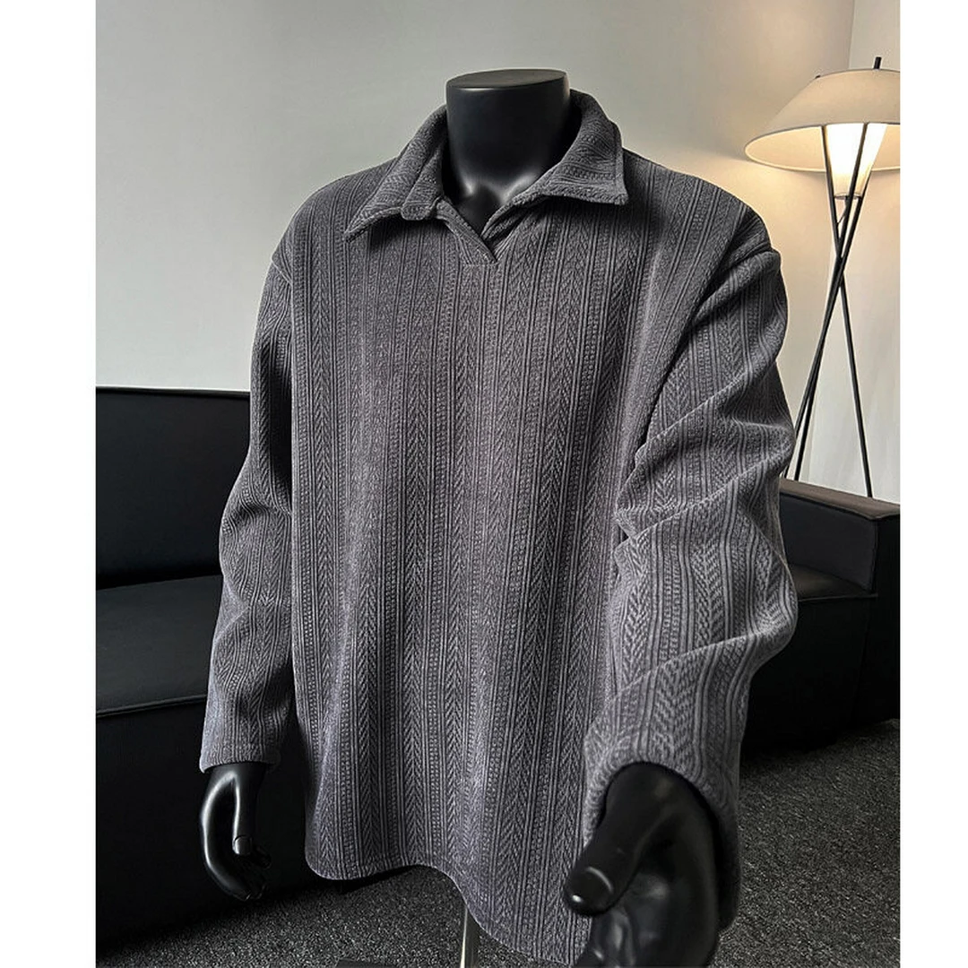 麦穗纹V字翻领卫衣男春季潮牌加厚美式衬衫长袖慵懒风内搭polo衫