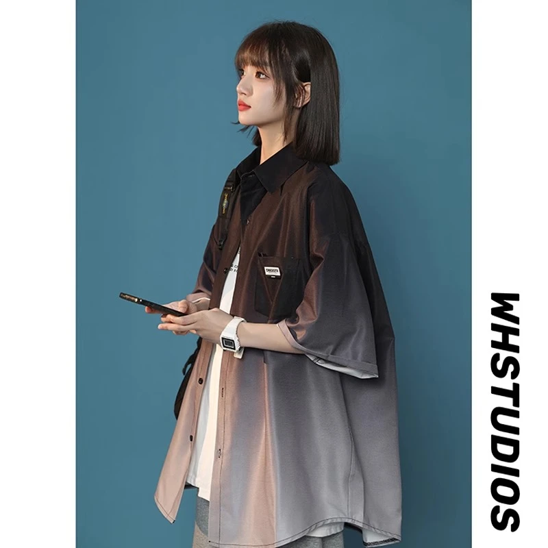 高级感黑白渐变色衬衫男短袖夏季冰丝衬衣六七分袖防晒外套情侣装